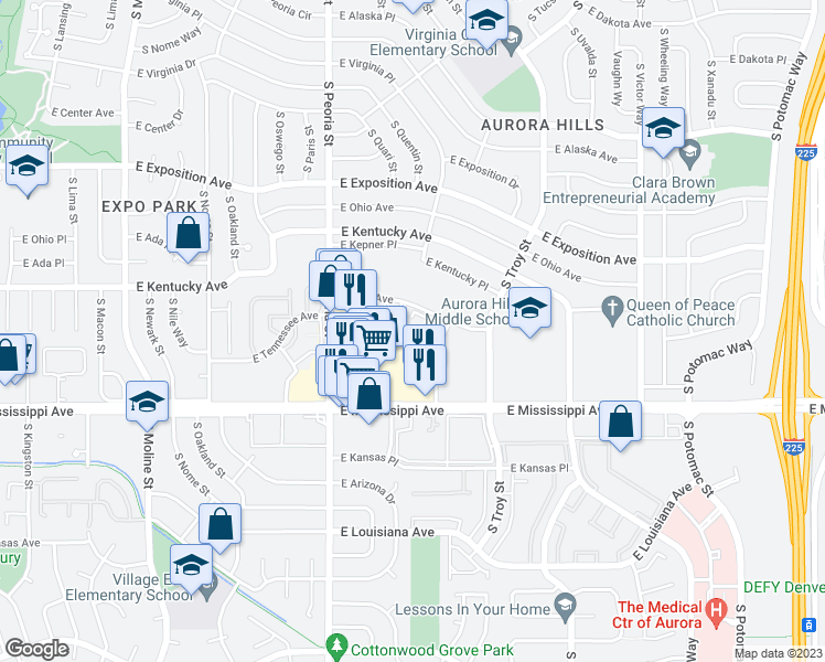map of restaurants, bars, coffee shops, grocery stores, and more near 12525 East Tennessee Circle in Aurora