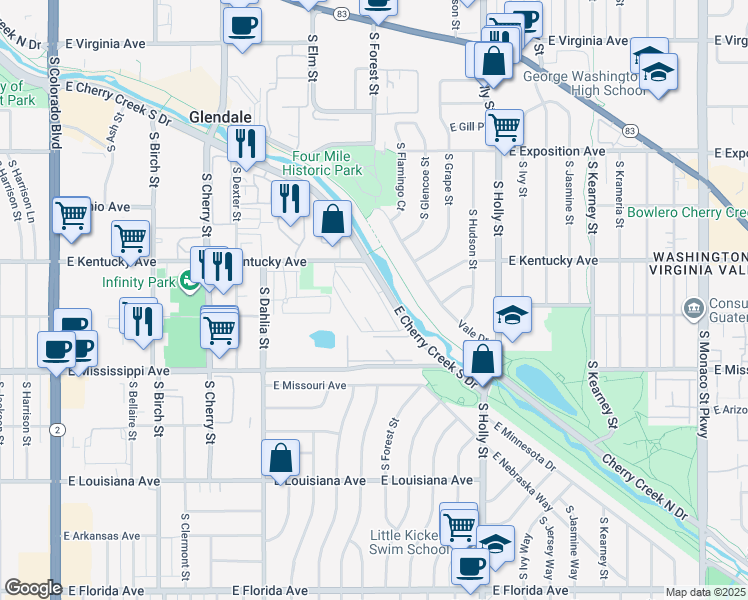 map of restaurants, bars, coffee shops, grocery stores, and more near 5250 East Cherry Creek South Drive in Denver