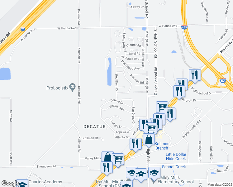 map of restaurants, bars, coffee shops, grocery stores, and more near 4458 Red Birch Drive in Indianapolis