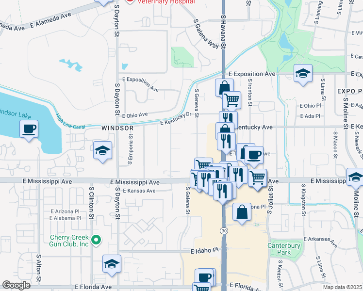 map of restaurants, bars, coffee shops, grocery stores, and more near 10151 East Ford Place in Denver