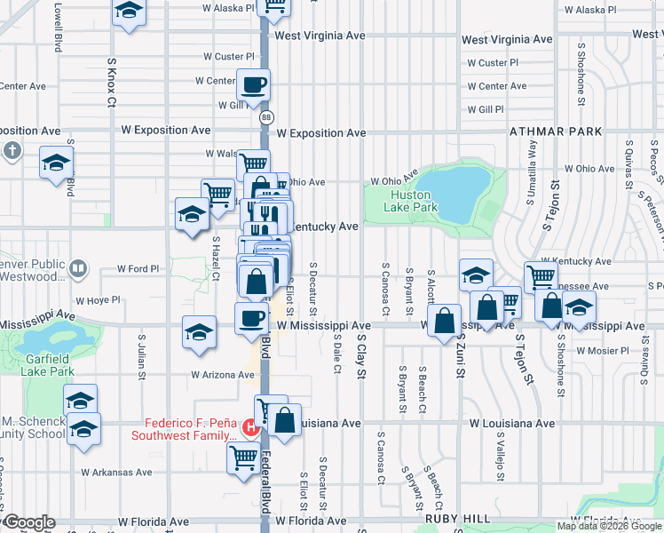 map of restaurants, bars, coffee shops, grocery stores, and more near 970 South Decatur Street in Denver