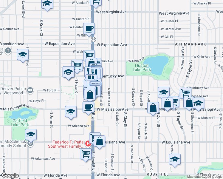 map of restaurants, bars, coffee shops, grocery stores, and more near 970 South Decatur Street in Denver
