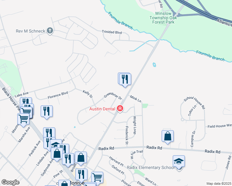 map of restaurants, bars, coffee shops, grocery stores, and more near 635 Greenbriar Drive in Monroe