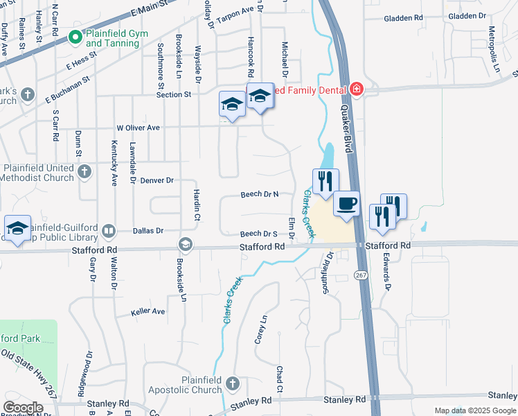 map of restaurants, bars, coffee shops, grocery stores, and more near 1702 Beech Circle in Plainfield