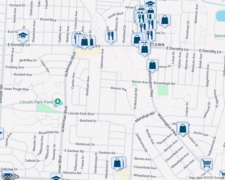 map of restaurants, bars, coffee shops, grocery stores, and more near 1146 Sharon Avenue in Dayton