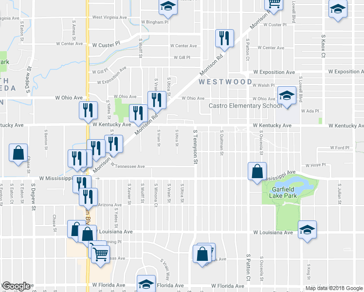 map of restaurants, bars, coffee shops, grocery stores, and more near 956 South Utica Street in Denver