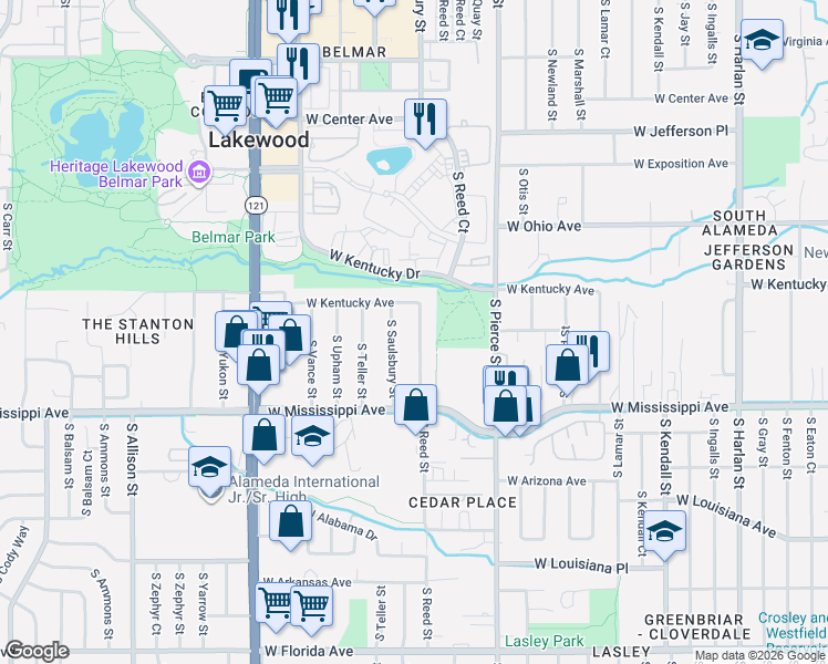 map of restaurants, bars, coffee shops, grocery stores, and more near 957 South Reed Street in Lakewood