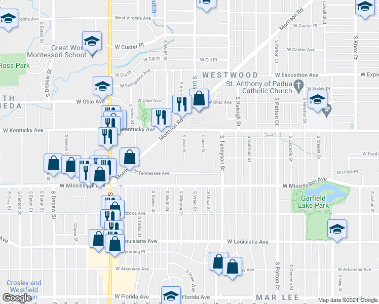 map of restaurants, bars, coffee shops, grocery stores, and more near 952 South Vrain Street in Denver