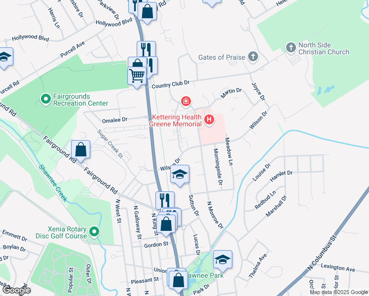 map of restaurants, bars, coffee shops, grocery stores, and more near 190 Wilson Drive in Xenia