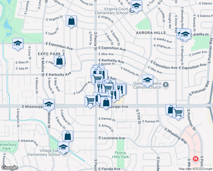 map of restaurants, bars, coffee shops, grocery stores, and more near 12281 East Tennessee Drive in Aurora