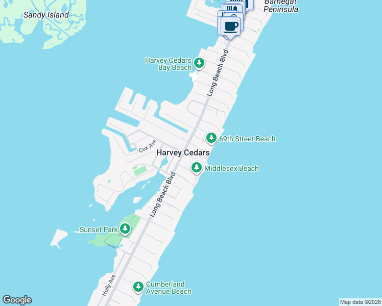 map of restaurants, bars, coffee shops, grocery stores, and more near 5 East Essex Avenue in Harvey Cedars