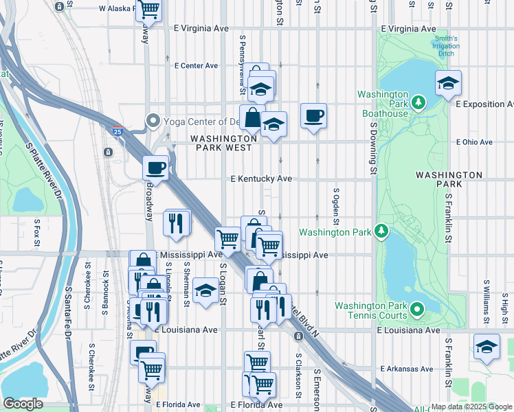 map of restaurants, bars, coffee shops, grocery stores, and more near 969 South Pearl Street in Denver