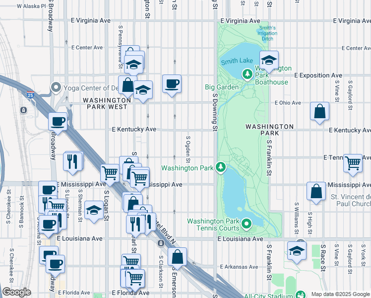 map of restaurants, bars, coffee shops, grocery stores, and more near 967 South Ogden Street in Denver