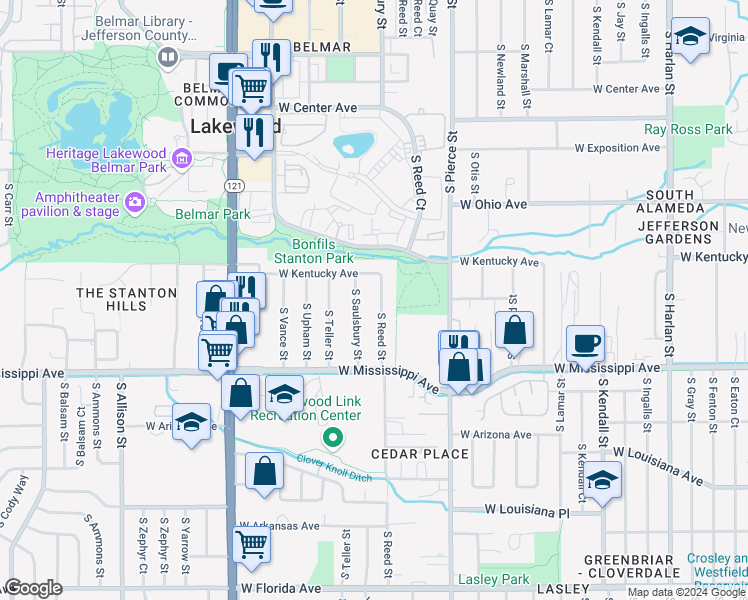 map of restaurants, bars, coffee shops, grocery stores, and more near 957 South Reed Street in Lakewood