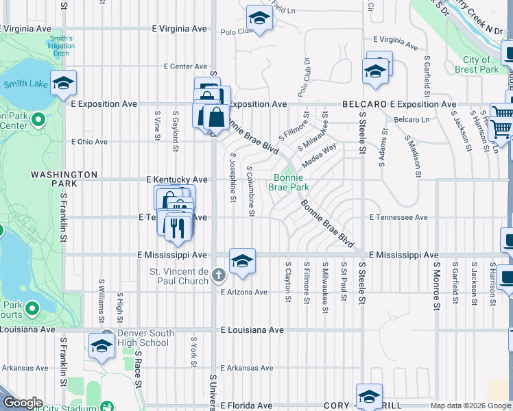 map of restaurants, bars, coffee shops, grocery stores, and more near 964 South Columbine Street in Denver