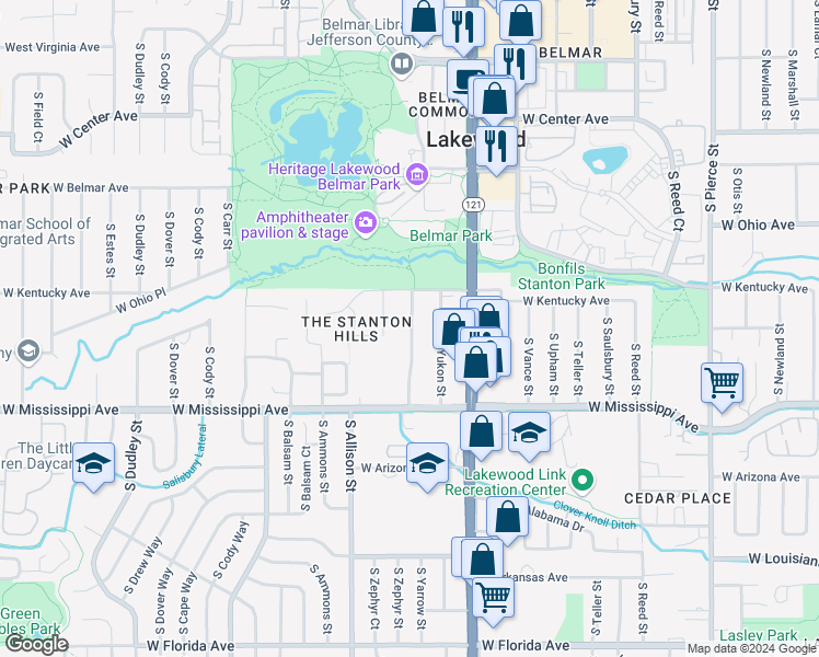 map of restaurants, bars, coffee shops, grocery stores, and more near 973 South Yarrow Street in Denver