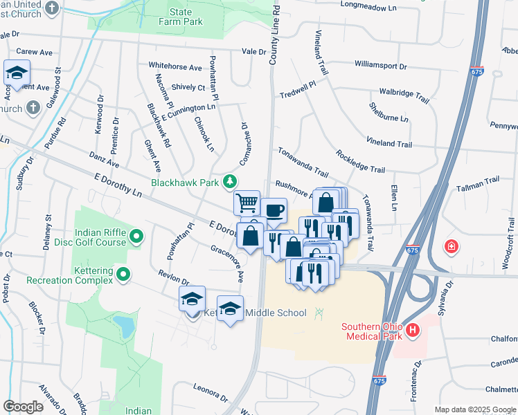 map of restaurants, bars, coffee shops, grocery stores, and more near 3024 Brickwall Drive in Dayton