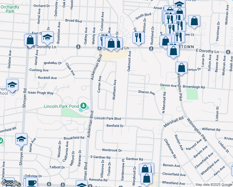 map of restaurants, bars, coffee shops, grocery stores, and more near 3266 Waltham Avenue in Dayton