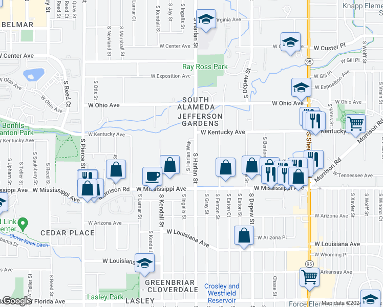 map of restaurants, bars, coffee shops, grocery stores, and more near 982 South Harlan Way in Lakewood