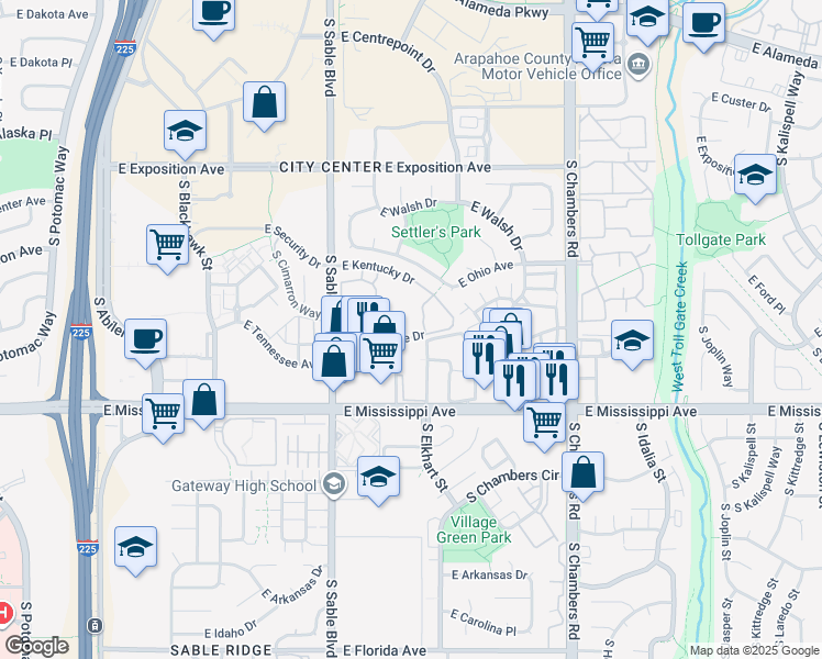 map of restaurants, bars, coffee shops, grocery stores, and more near 14802 East Kentucky Drive in Aurora