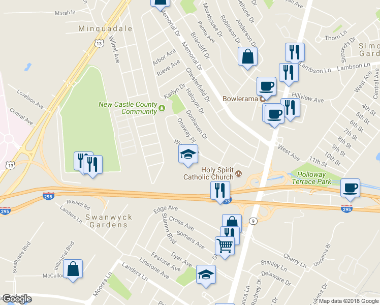 map of restaurants, bars, coffee shops, grocery stores, and more near 134 Winder Road in New Castle
