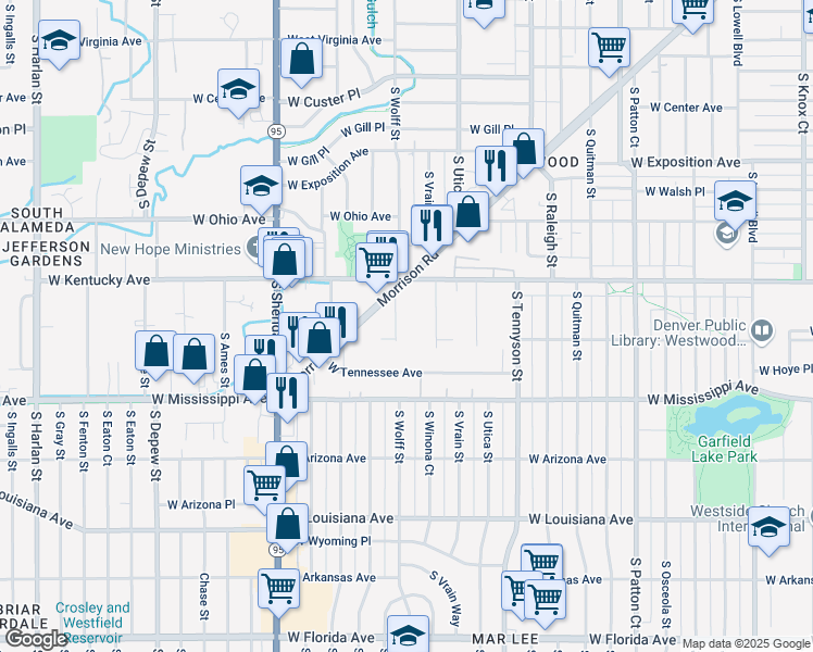 map of restaurants, bars, coffee shops, grocery stores, and more near 950 South Wolff Street in Denver