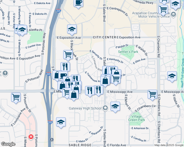 map of restaurants, bars, coffee shops, grocery stores, and more near 14331 East Tennessee Avenue in Aurora