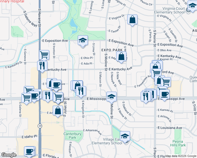 map of restaurants, bars, coffee shops, grocery stores, and more near 954 South Macon Street in Aurora