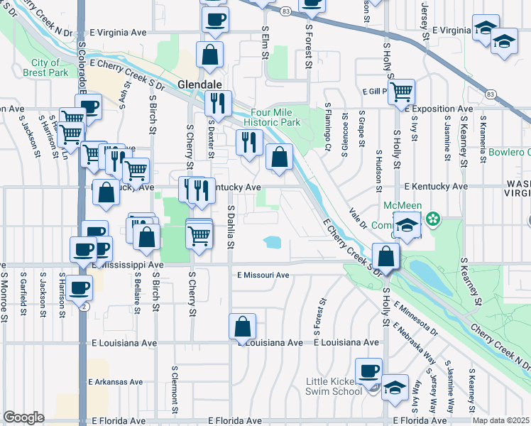 map of restaurants, bars, coffee shops, grocery stores, and more near 4858 East Kentucky Avenue in Denver