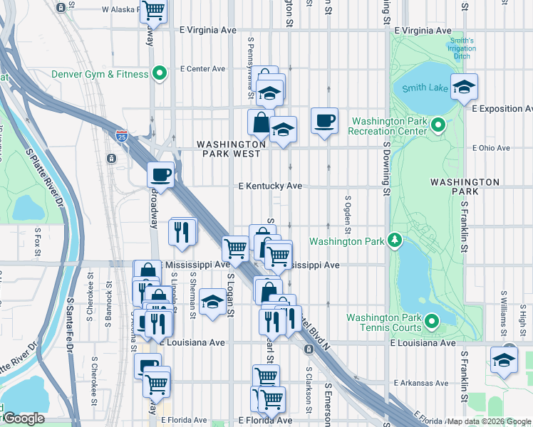 map of restaurants, bars, coffee shops, grocery stores, and more near 969 South Pearl Street in Denver