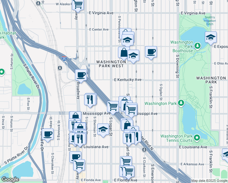 map of restaurants, bars, coffee shops, grocery stores, and more near 965 South Pennsylvania Street in Denver