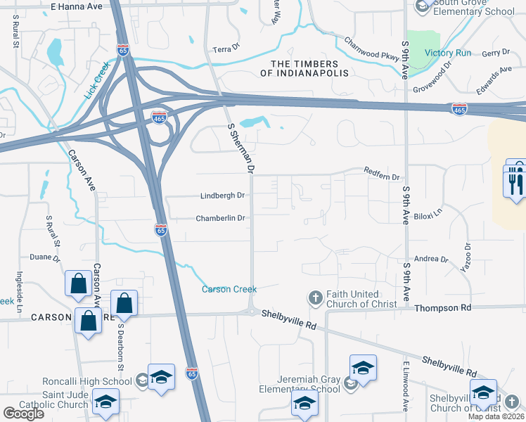 map of restaurants, bars, coffee shops, grocery stores, and more near 3910 Sherman Towne Drive in Indianapolis