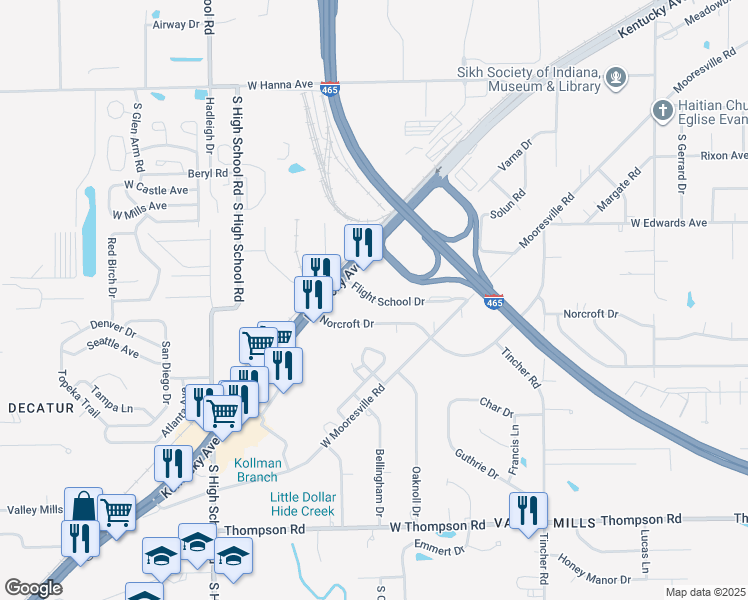 map of restaurants, bars, coffee shops, grocery stores, and more near 5828 Norcroft Drive in Indianapolis