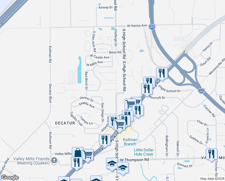 map of restaurants, bars, coffee shops, grocery stores, and more near 4462 Hadleigh Drive in Indianapolis