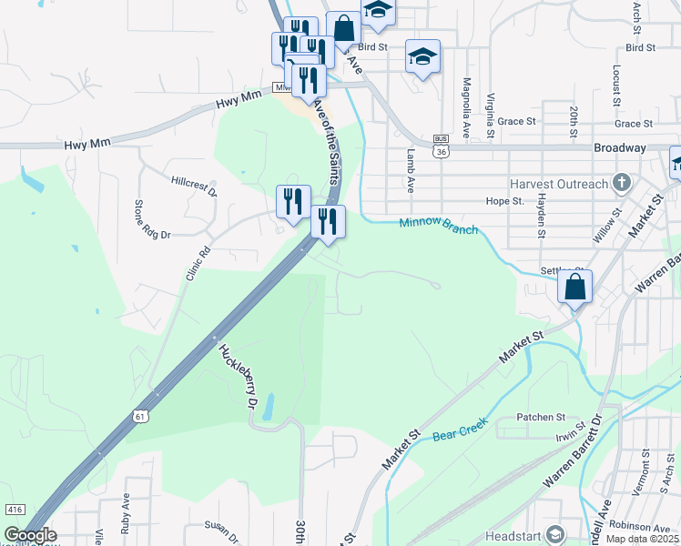 map of restaurants, bars, coffee shops, grocery stores, and more near 191 Huckleberry Heights Drive in Hannibal