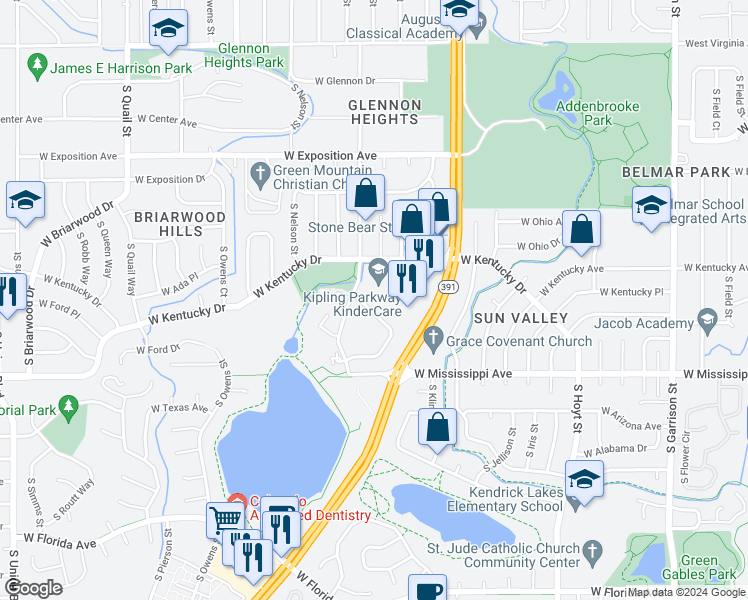 map of restaurants, bars, coffee shops, grocery stores, and more near 922 South Miller Way in Lakewood