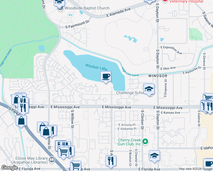 map of restaurants, bars, coffee shops, grocery stores, and more near 9099 Mississippi Avenue in Denver