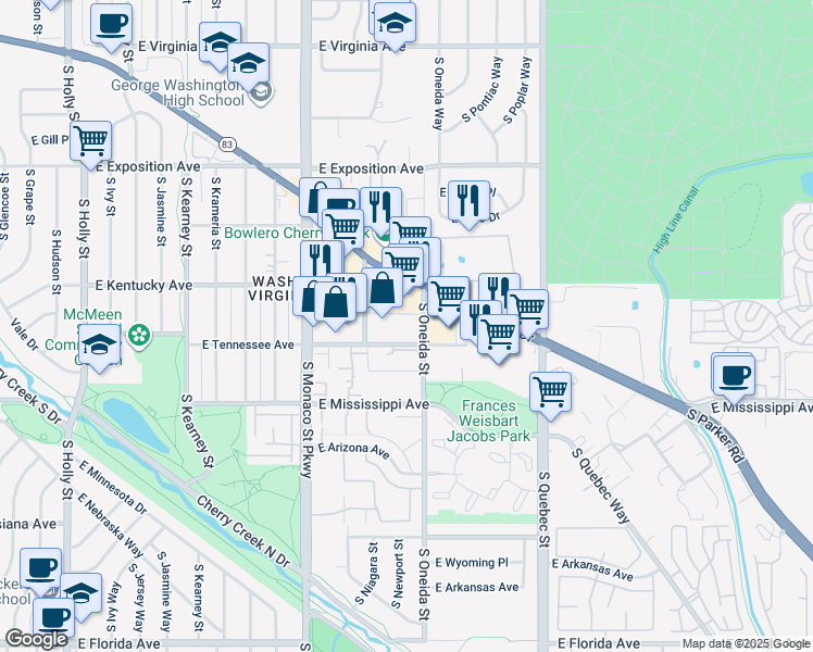map of restaurants, bars, coffee shops, grocery stores, and more near 6825 East Tennessee Avenue in Denver