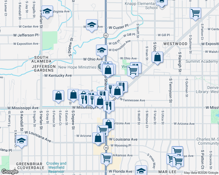 map of restaurants, bars, coffee shops, grocery stores, and more near 982 South Sheridan Boulevard in Denver