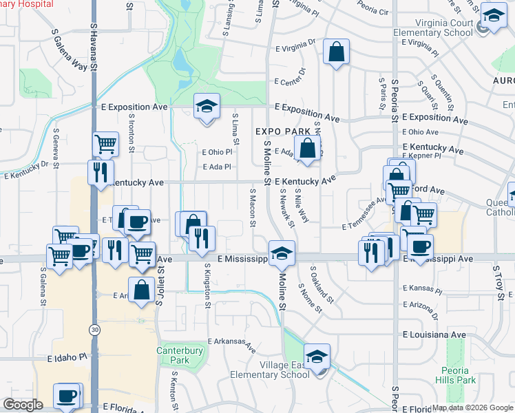 map of restaurants, bars, coffee shops, grocery stores, and more near 954 South Macon Street in Aurora