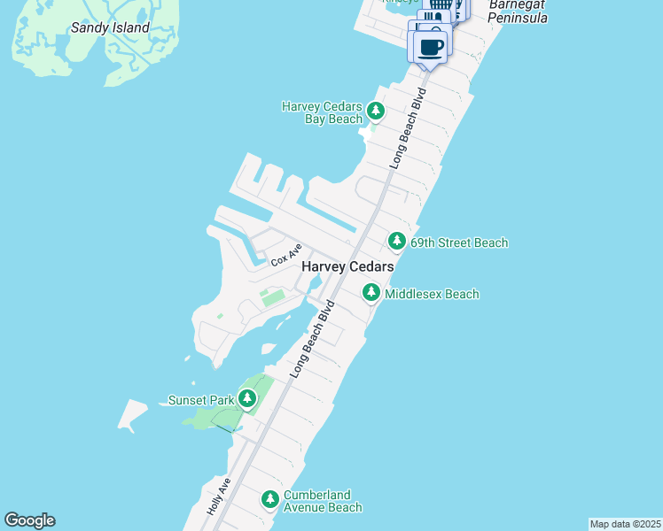 map of restaurants, bars, coffee shops, grocery stores, and more near in Harvey Cedars
