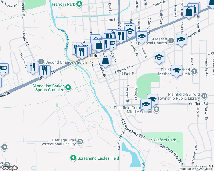 map of restaurants, bars, coffee shops, grocery stores, and more near 506 South Center Street in Plainfield