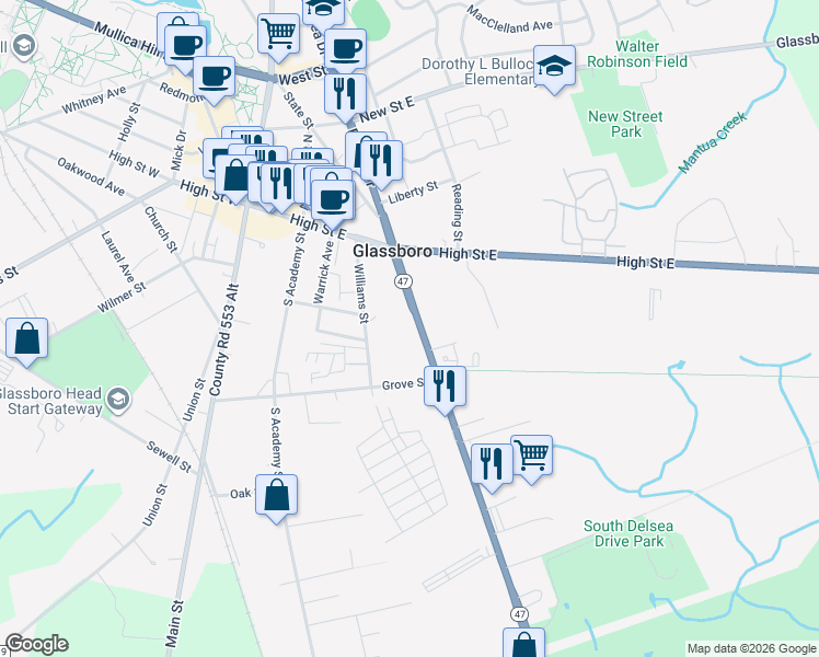 map of restaurants, bars, coffee shops, grocery stores, and more near 36 Delsea Drive South in Glassboro