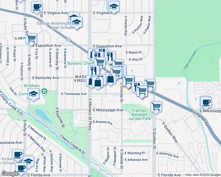 map of restaurants, bars, coffee shops, grocery stores, and more near 6795 East Tennessee Avenue in Denver