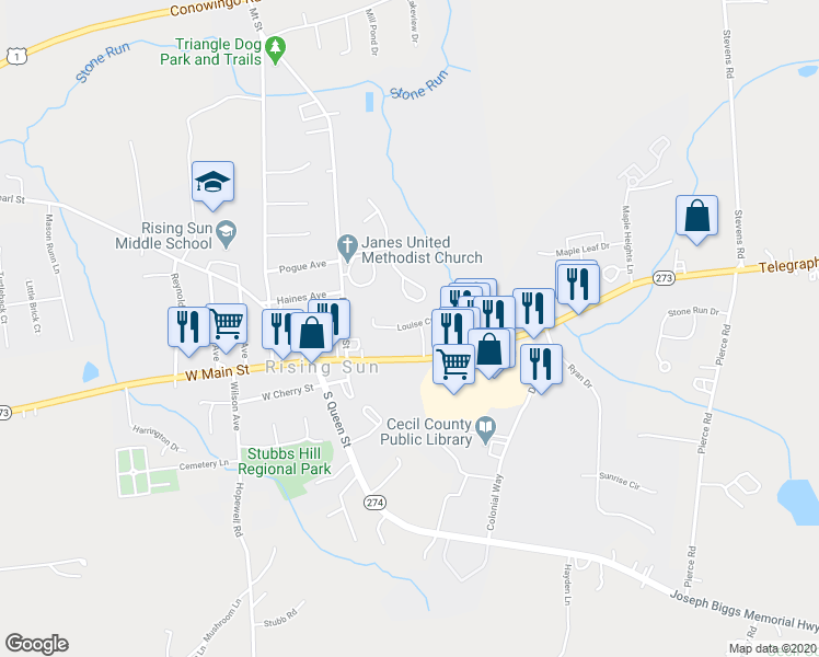 map of restaurants, bars, coffee shops, grocery stores, and more near 31 Louise Court in Rising Sun