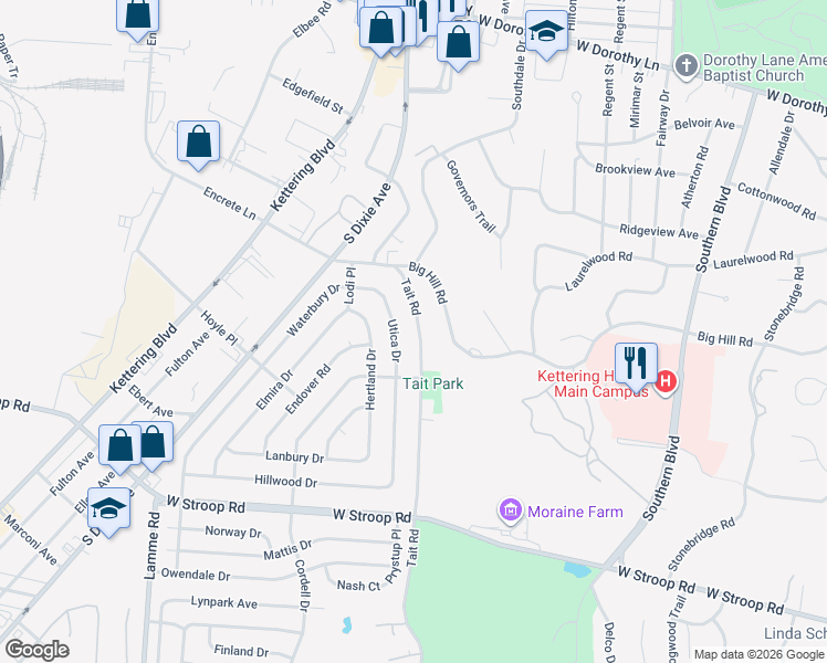 map of restaurants, bars, coffee shops, grocery stores, and more near 3617 Tait Road in Dayton