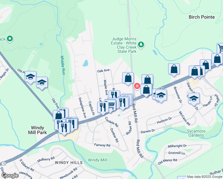 map of restaurants, bars, coffee shops, grocery stores, and more near 25 Rose Circle in Newark