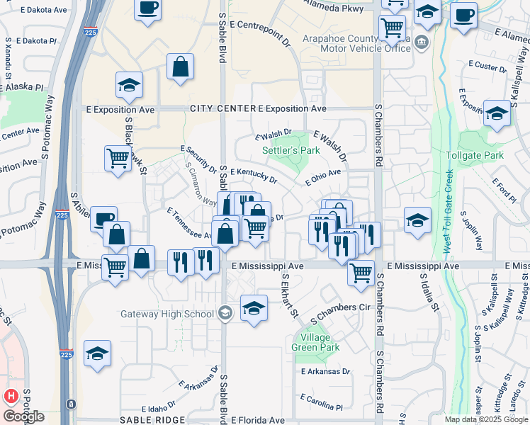 map of restaurants, bars, coffee shops, grocery stores, and more near 14701 East Tennessee Drive in Aurora