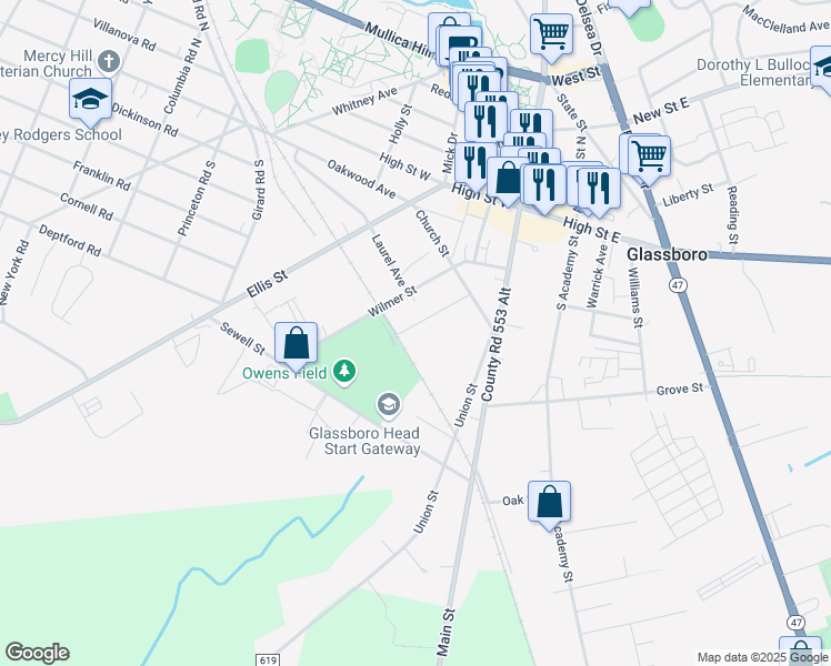 map of restaurants, bars, coffee shops, grocery stores, and more near 36 Zane Street in Glassboro