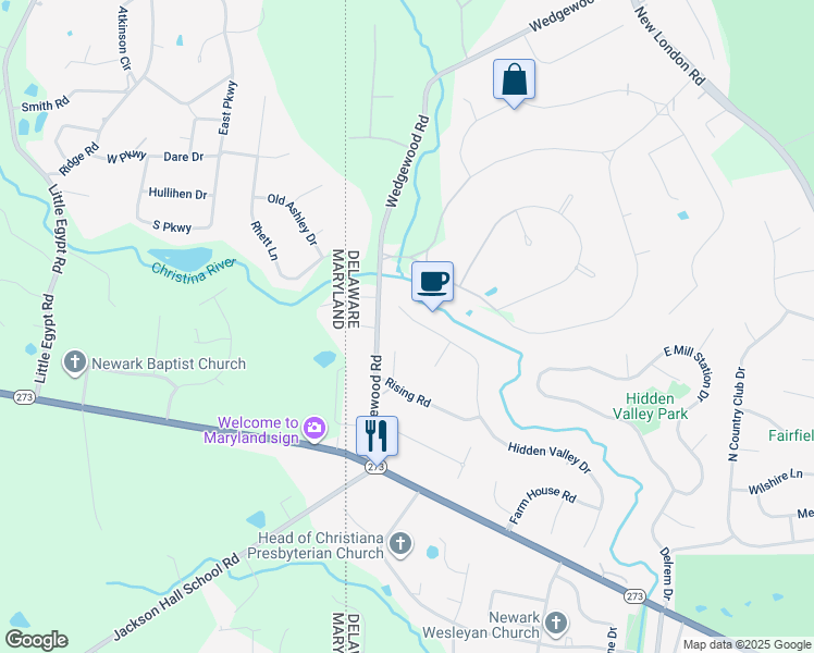 map of restaurants, bars, coffee shops, grocery stores, and more near 74 Hidden Valley Drive in Newark